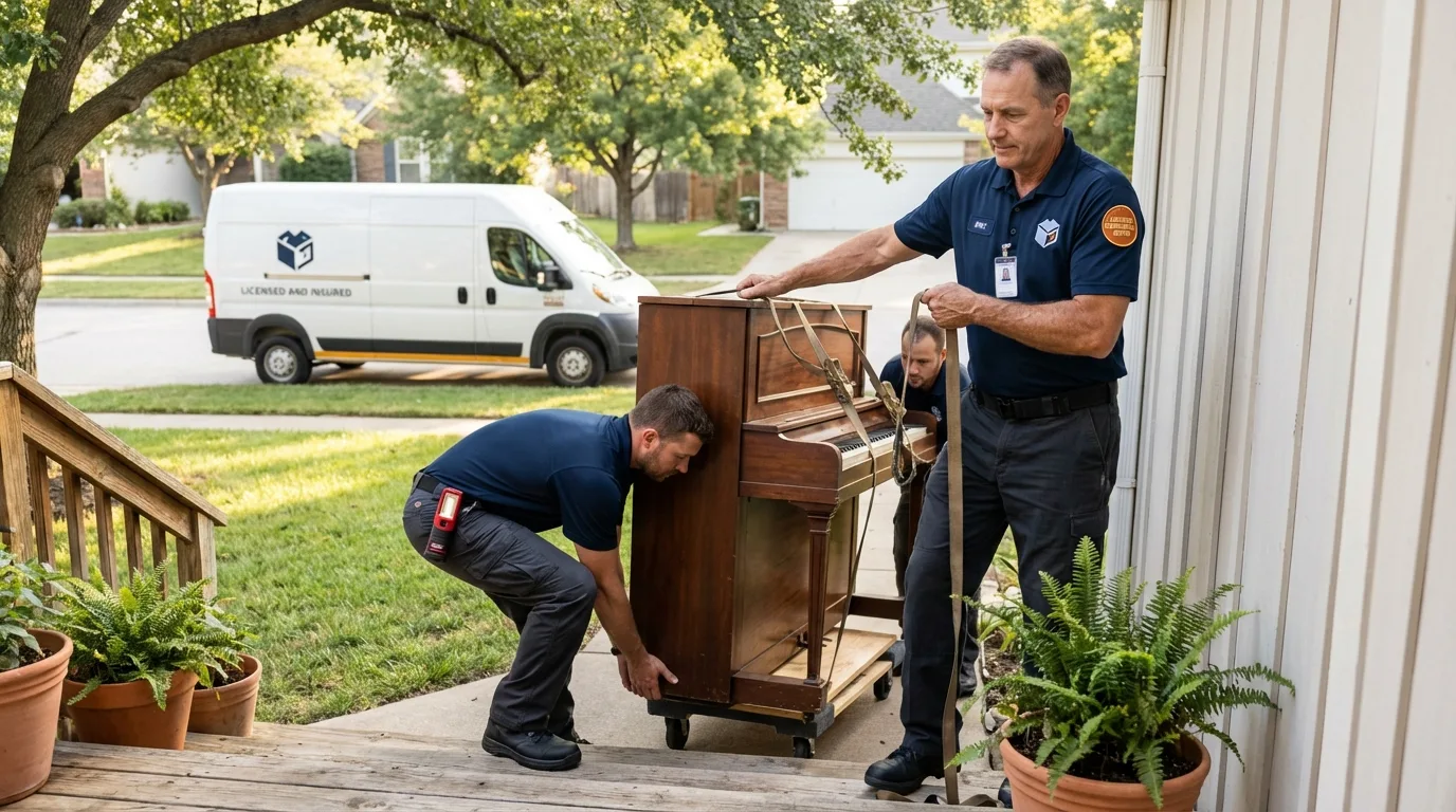 Licensed piano movers securing grand piano in Keyser, WV