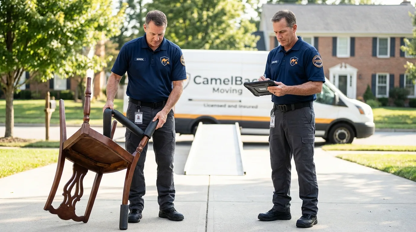 Movers inspecting furniture for damage prevention before loading in Keyser, WV